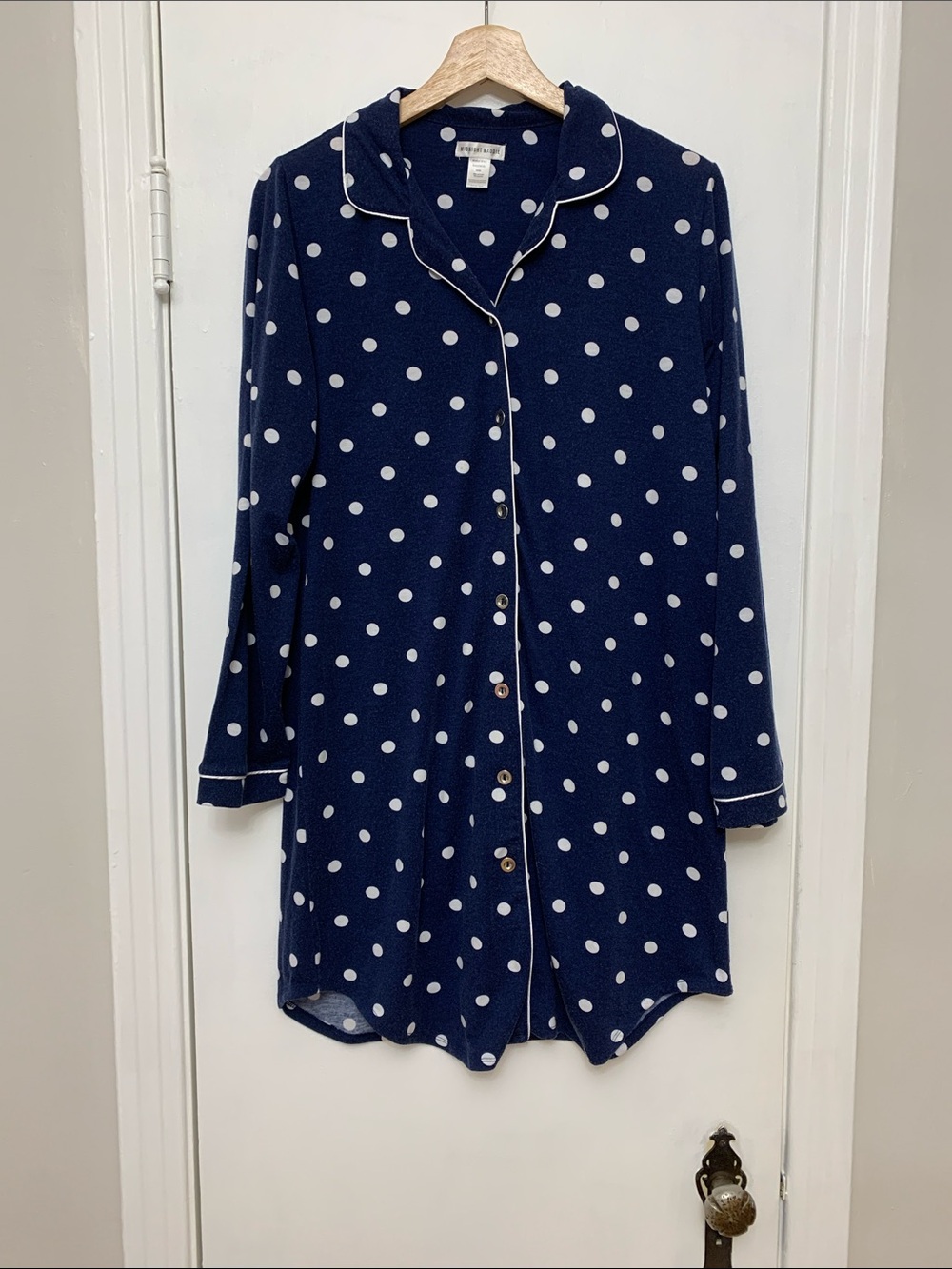 Midnight Maddie Navy Polka Dot Long Pajama Shirt Dress